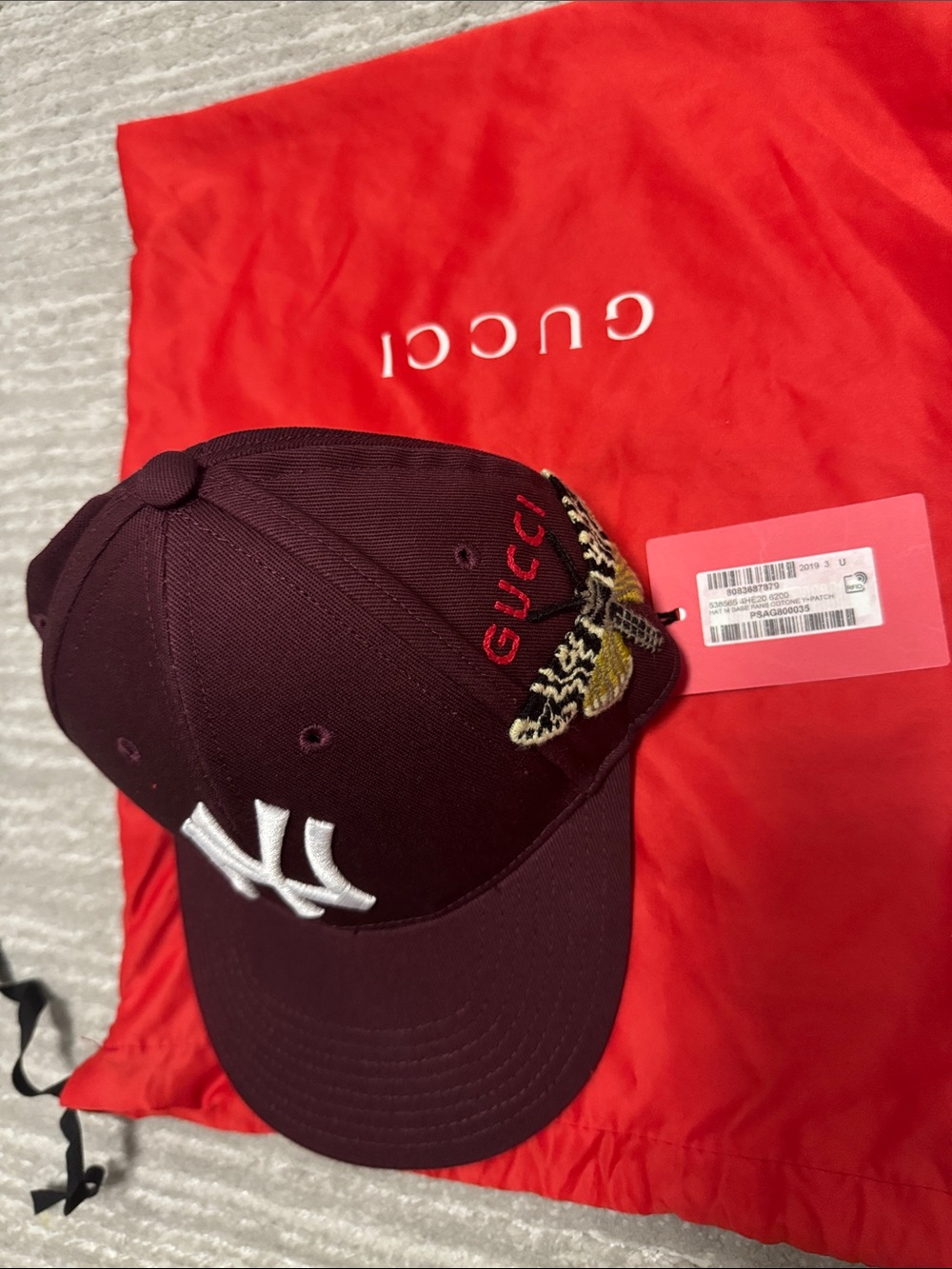 Gucci Maroon Baseball Cap with White NY and Bee Patch